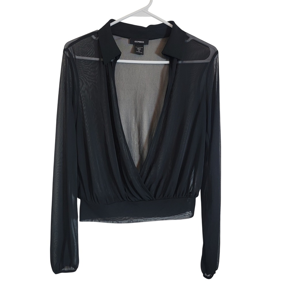 Express Women's Black Sheer Surplice Long Sleeve Top